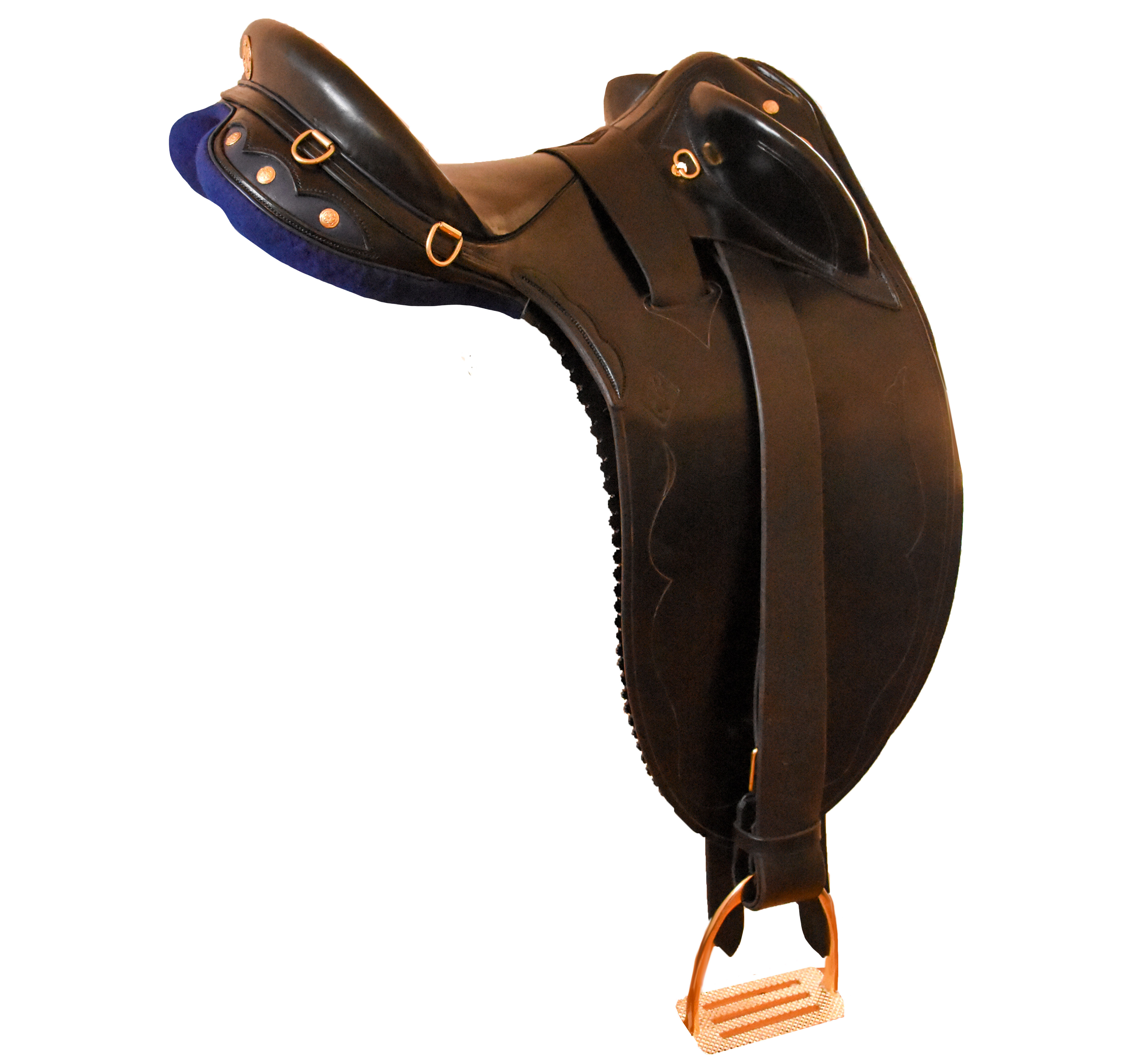Australian stock saddle — distinctive poleys for knee security, no horn